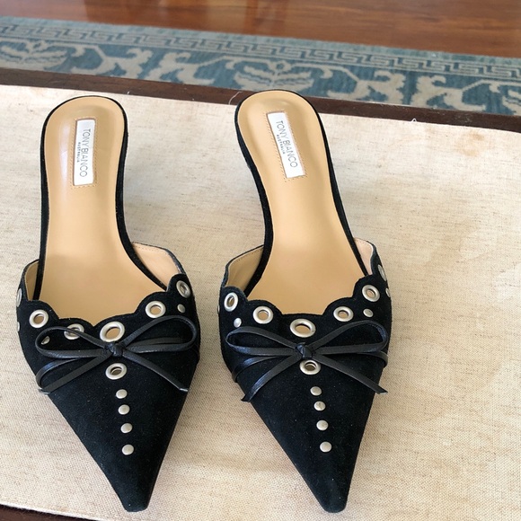 Tony Bianco Shoes - Tony Bianco Black Suede Pointed Toe Grommet Slip-On Mules